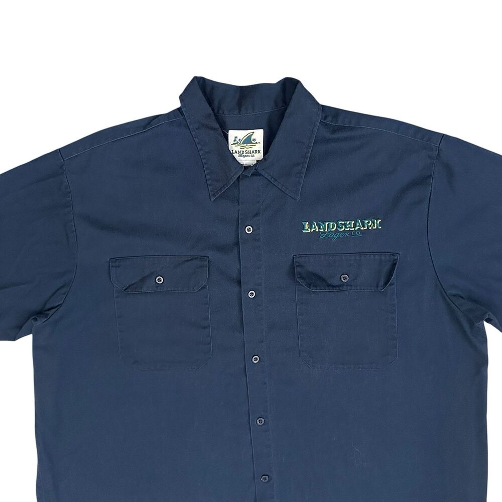 Landshark Lager Button Shirt Mens XXL Mechanic Short Sleeve Blue Embroidered - Picture 5 of 11